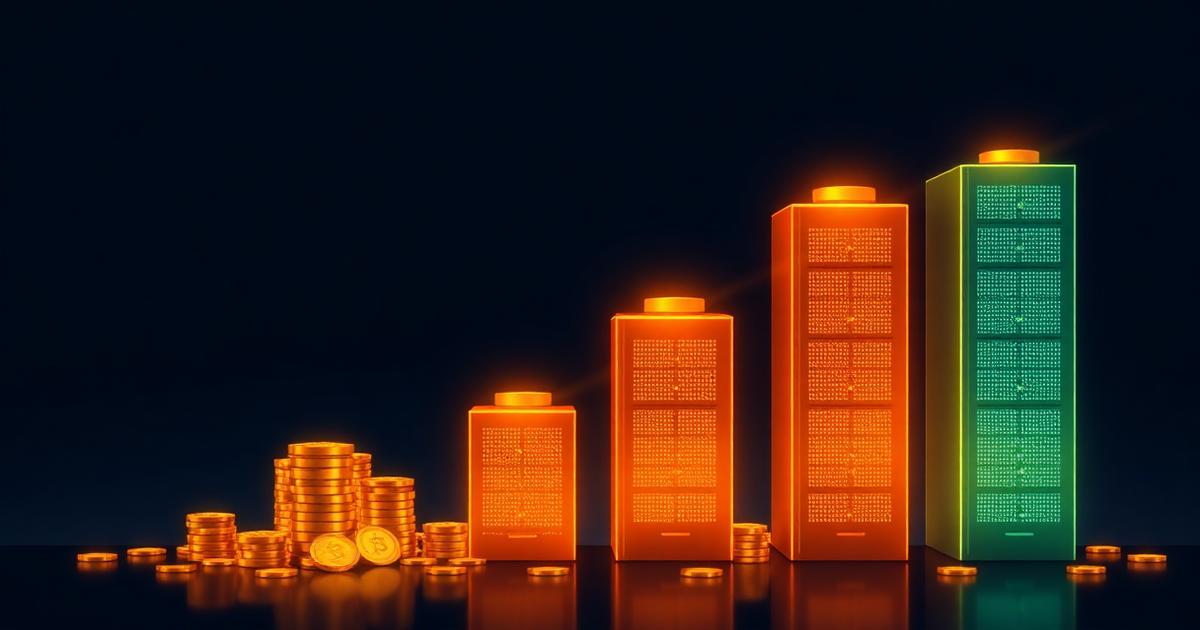 Illustration of rising capital expenditure by Amazon, Google, Microsoft and Meta shown as glowing server-rack bars stacked with gold coins