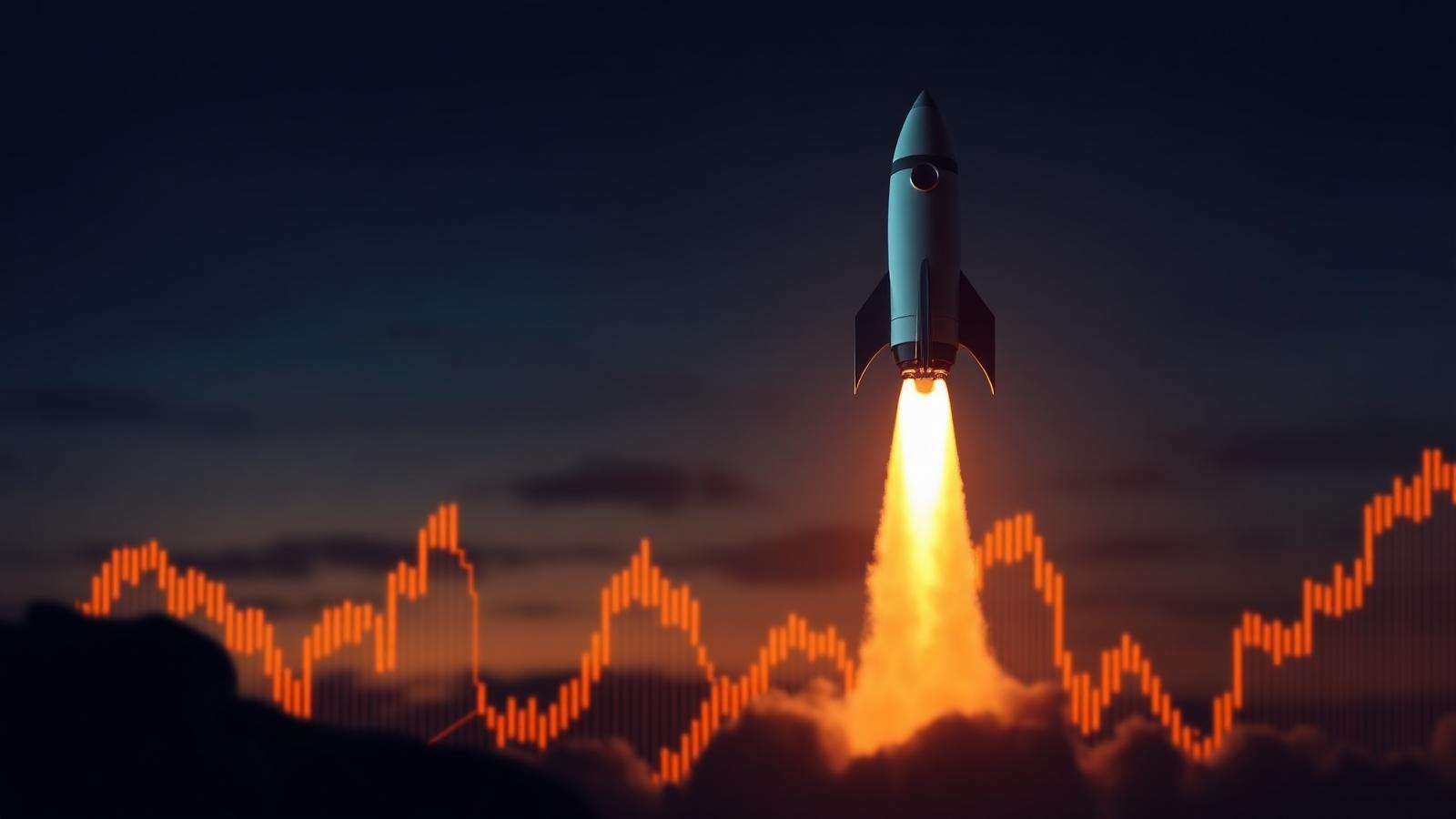 Rocket launching at dusk over a stock chart representing SpaceX shares