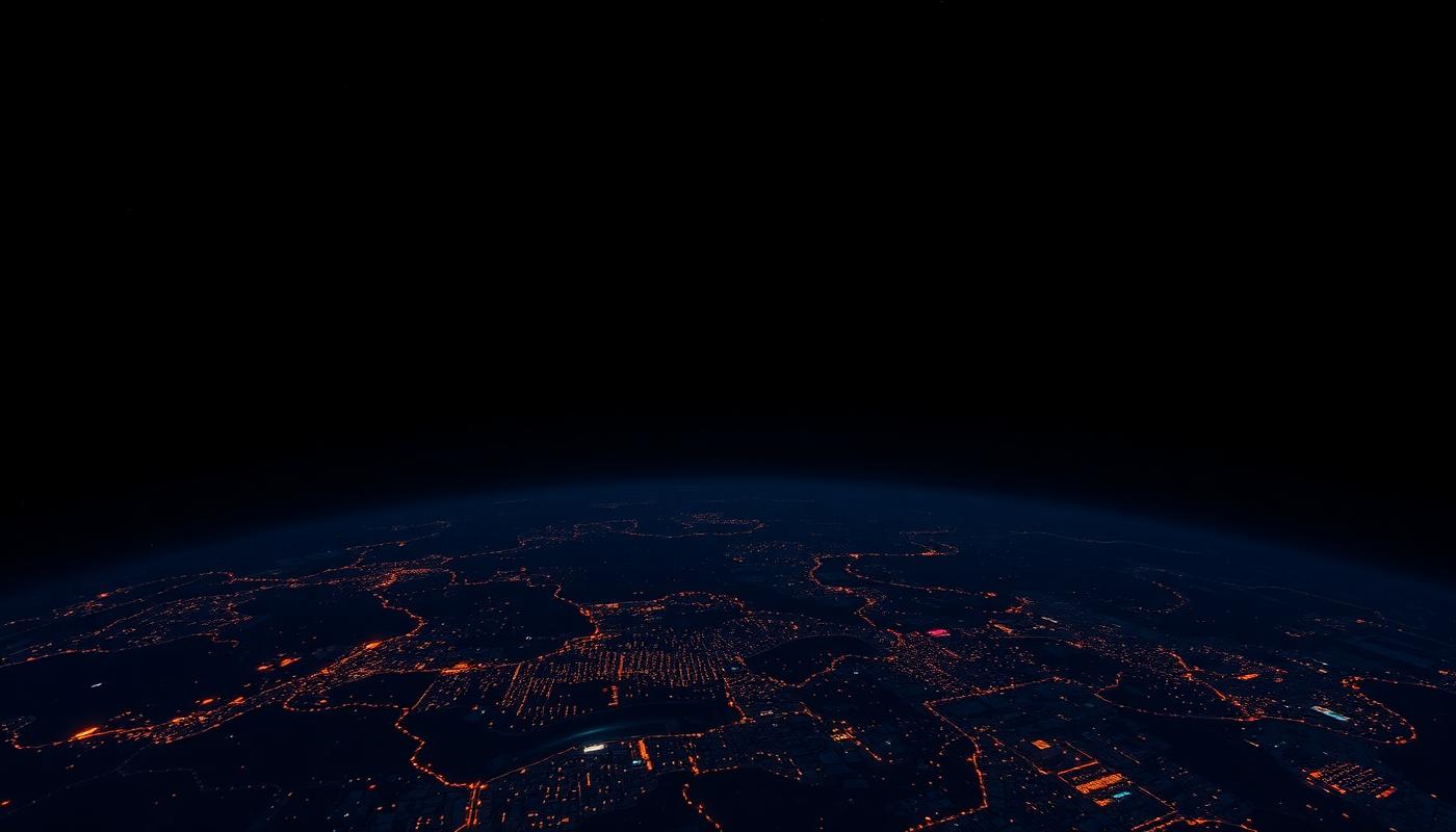 Satellite constellation orbiting Earth at night, representing Starlink